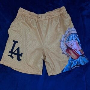 Tan Shorts with LA Logo and Artistic Print